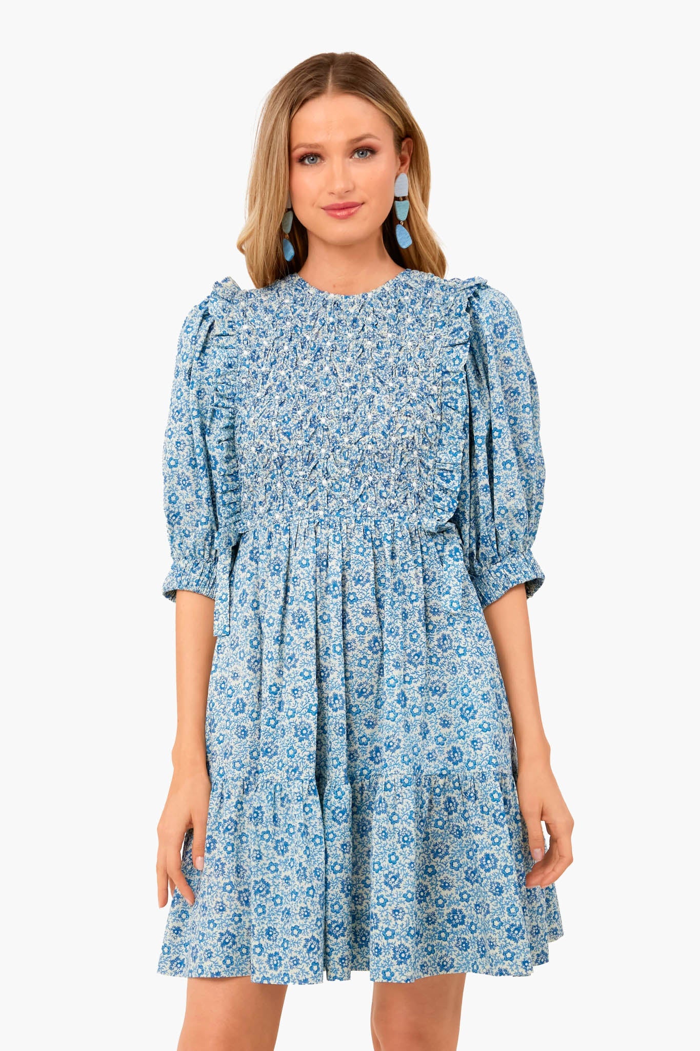 Blue Ida Print Puff Sleeve Smocked Dress