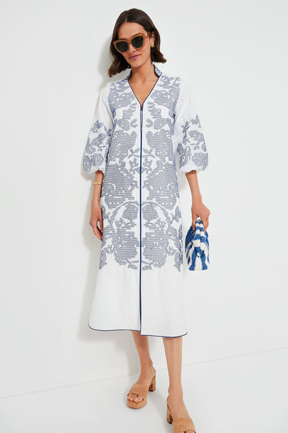White & Blue Embroidery Arem Caftan