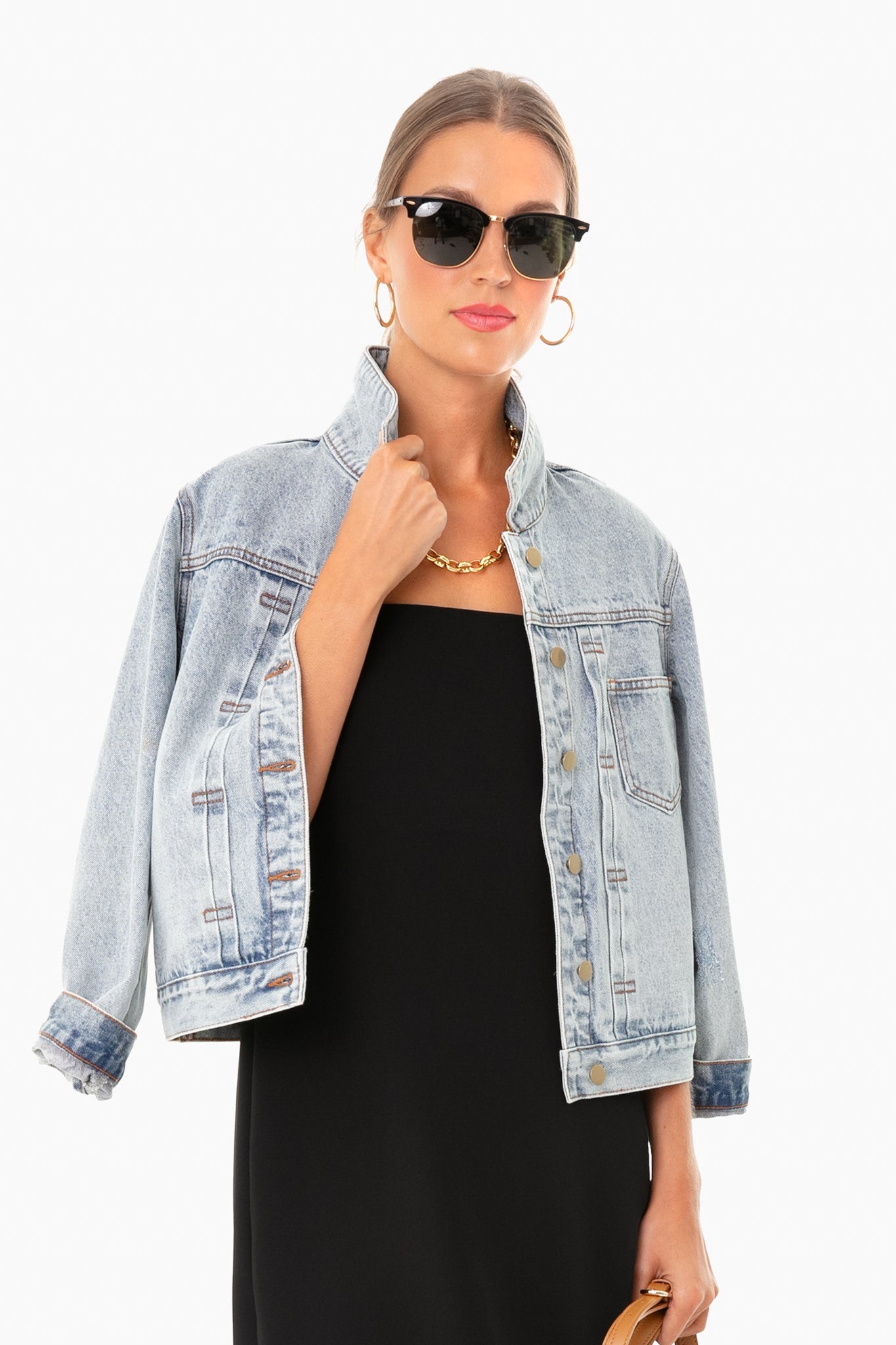 Denim Jacket With Removable Navy Fur Collar