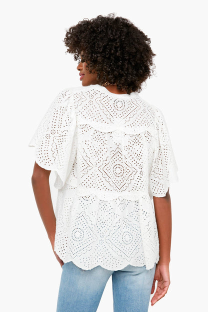 White Vienne Eyelet Flutter Sleeve Top