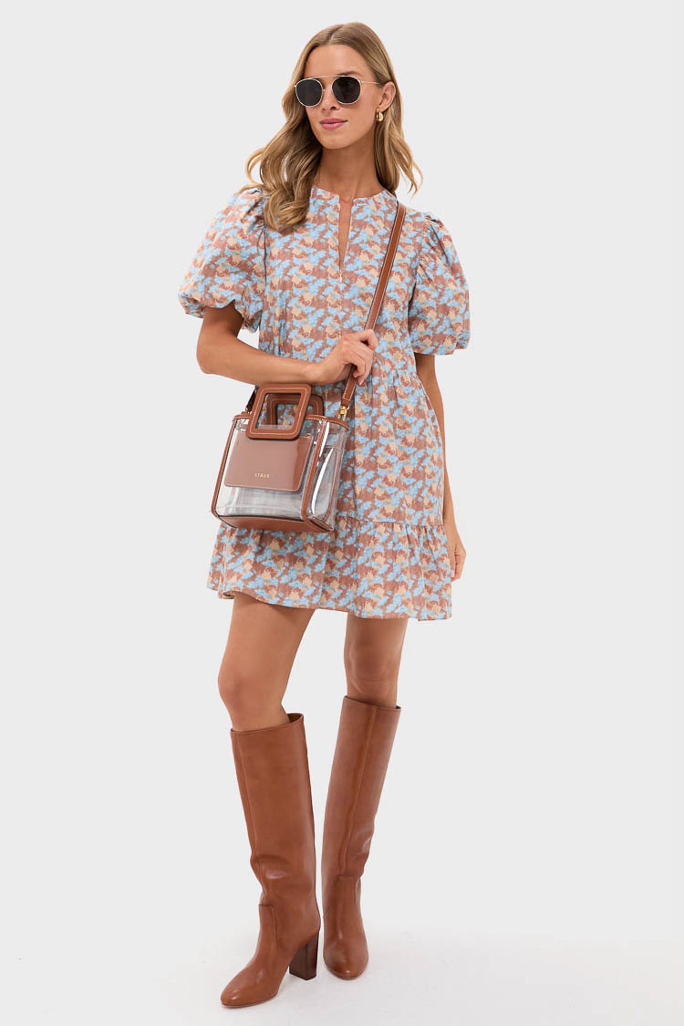 Brown & Powder Blue Floral Zip Front Ellie Mini Dress
