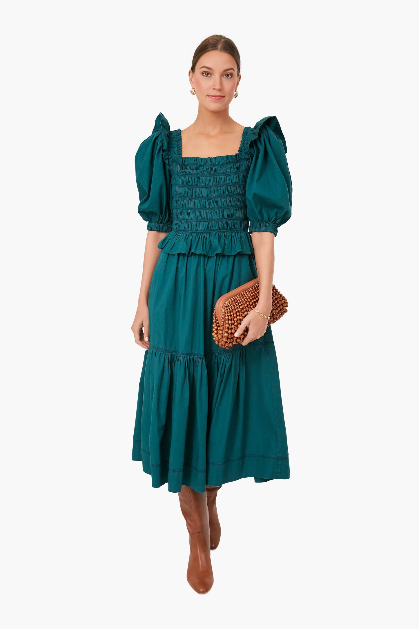 Forest Sybil Solid Cotton Puff Sleeve Smocked Dress