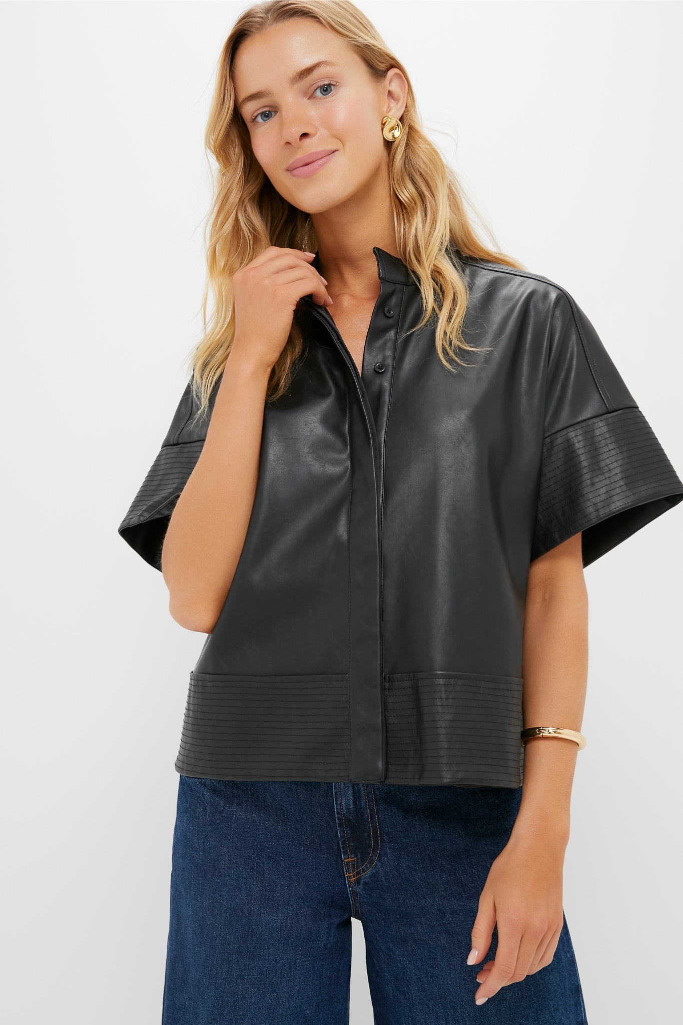 Black Leather Trapunto Stitch Sofia Shirt