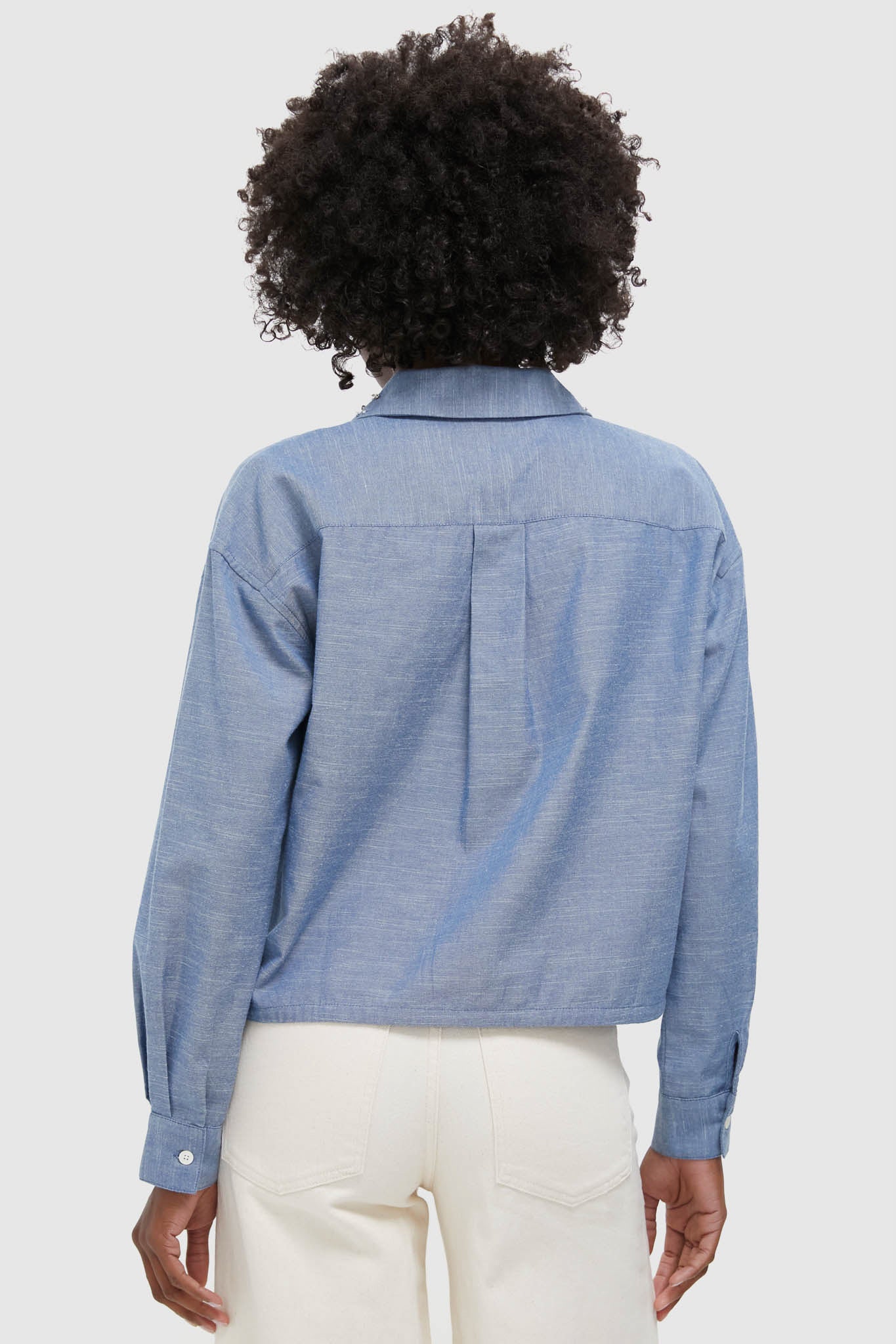 Chambray Denim Embellished Cropped Jasper Button Down
