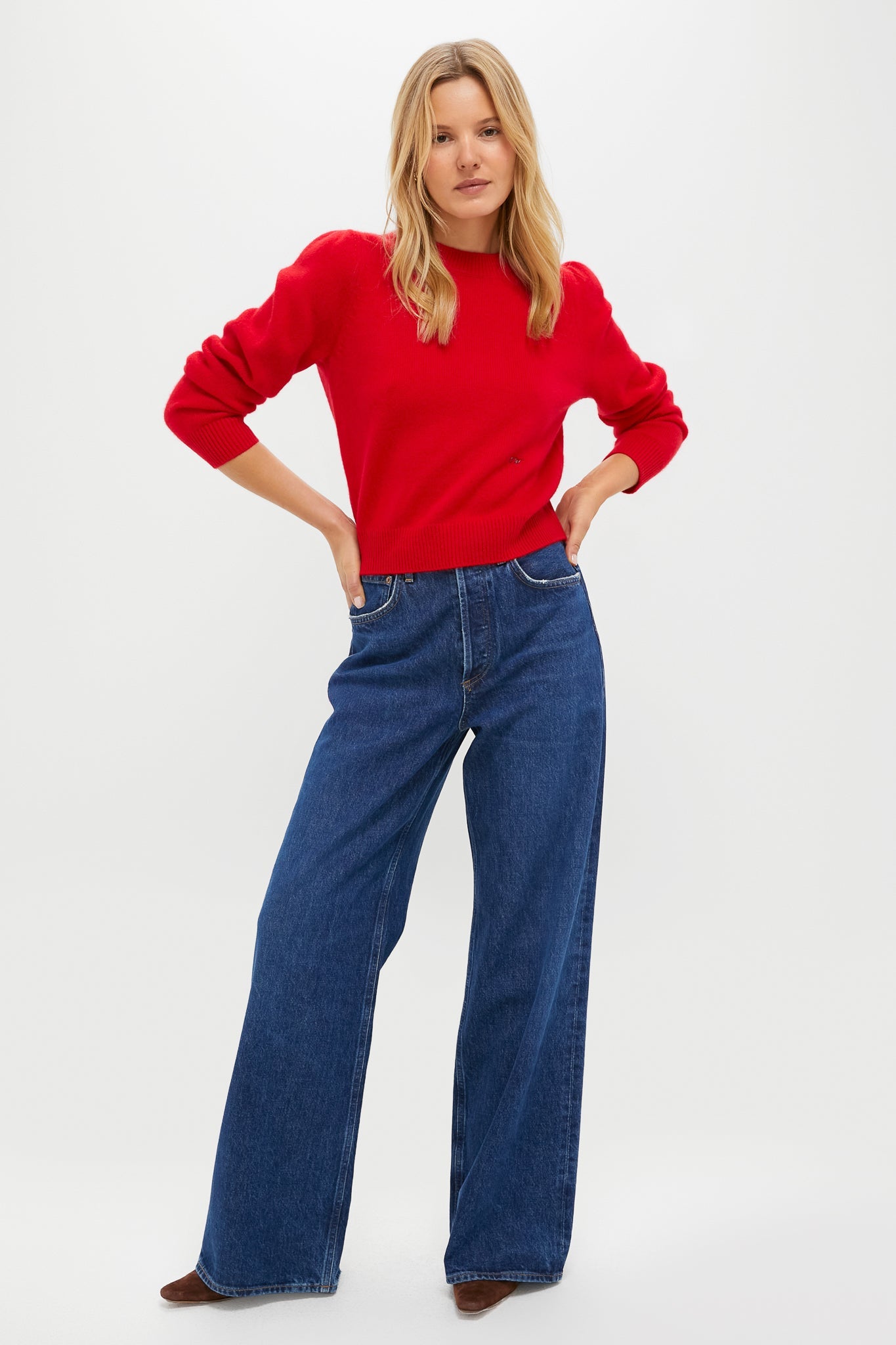 Martin Red Cashmere Puff Sleeve Macy Crewneck Sweater