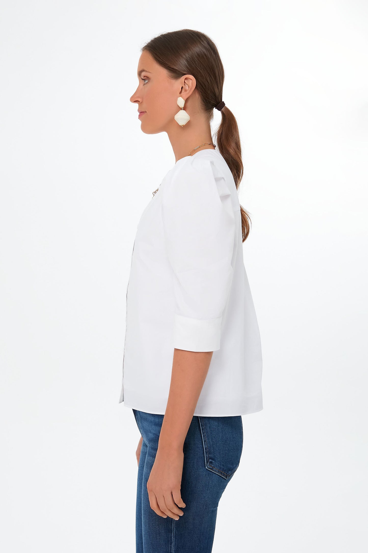 White V-Neck Puff Sleeve Kit Blouse