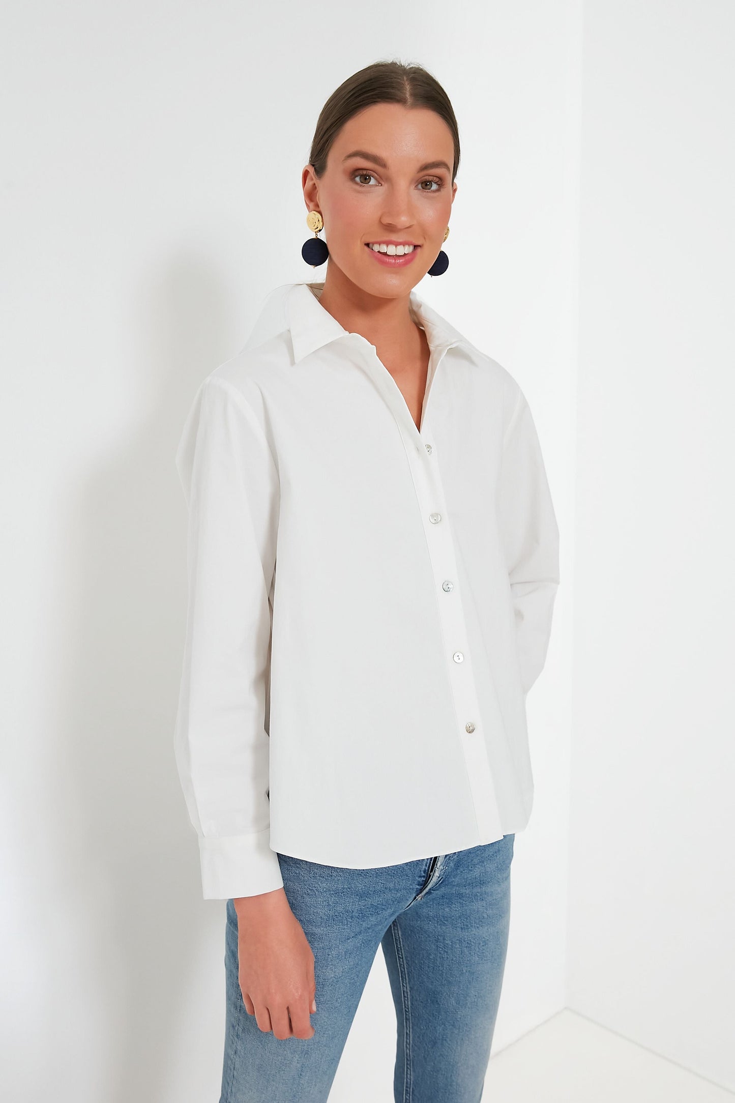White Pleated Jade Button Down