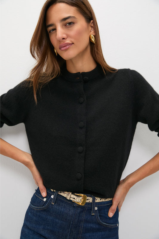 Black Cashmere Covered Button Quinn Cardigan