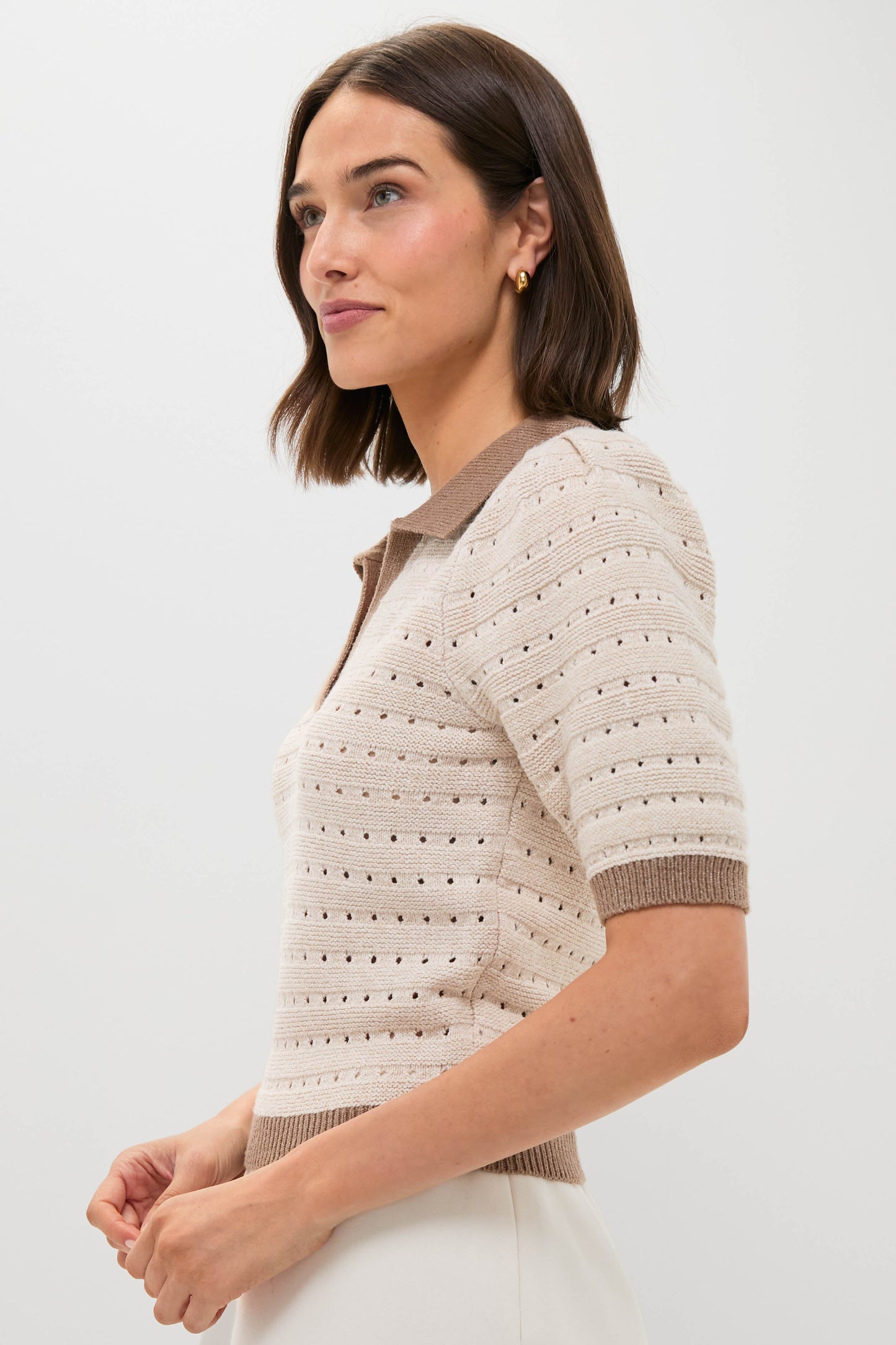 Cream and Tan Collared Short Sleeve Phil Sweater