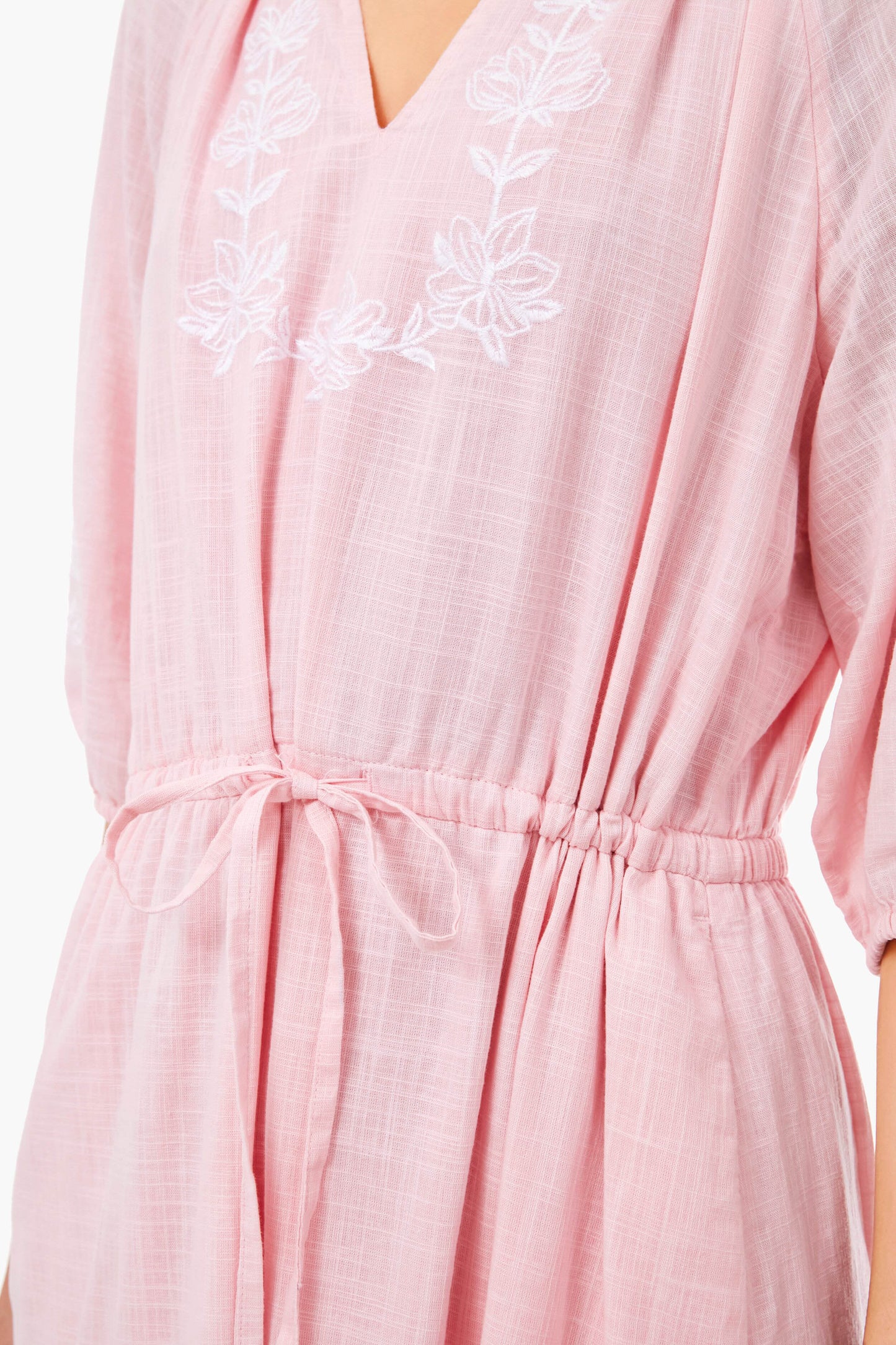 Pink Embroidered Floral Tie Waist Midi Dress