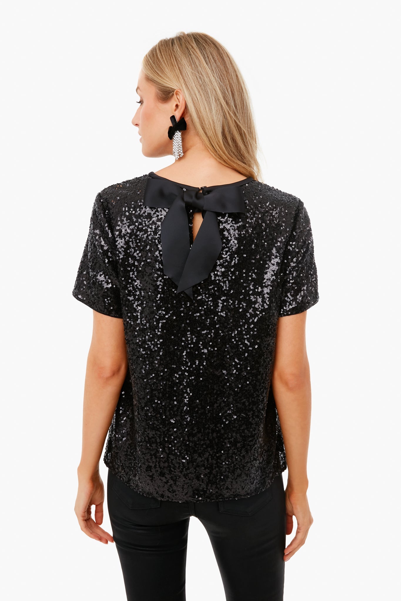 Black Sequin Bow Back Top