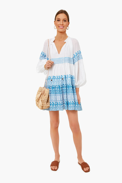 Santorini Blue Balloon Sleeve Short Dress