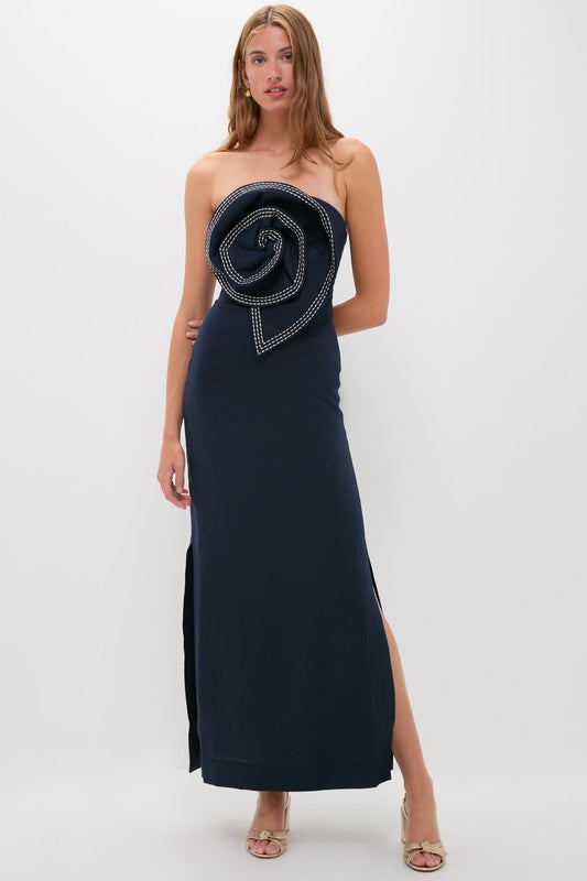 Navy Tactos Embroidered Maxi Dress