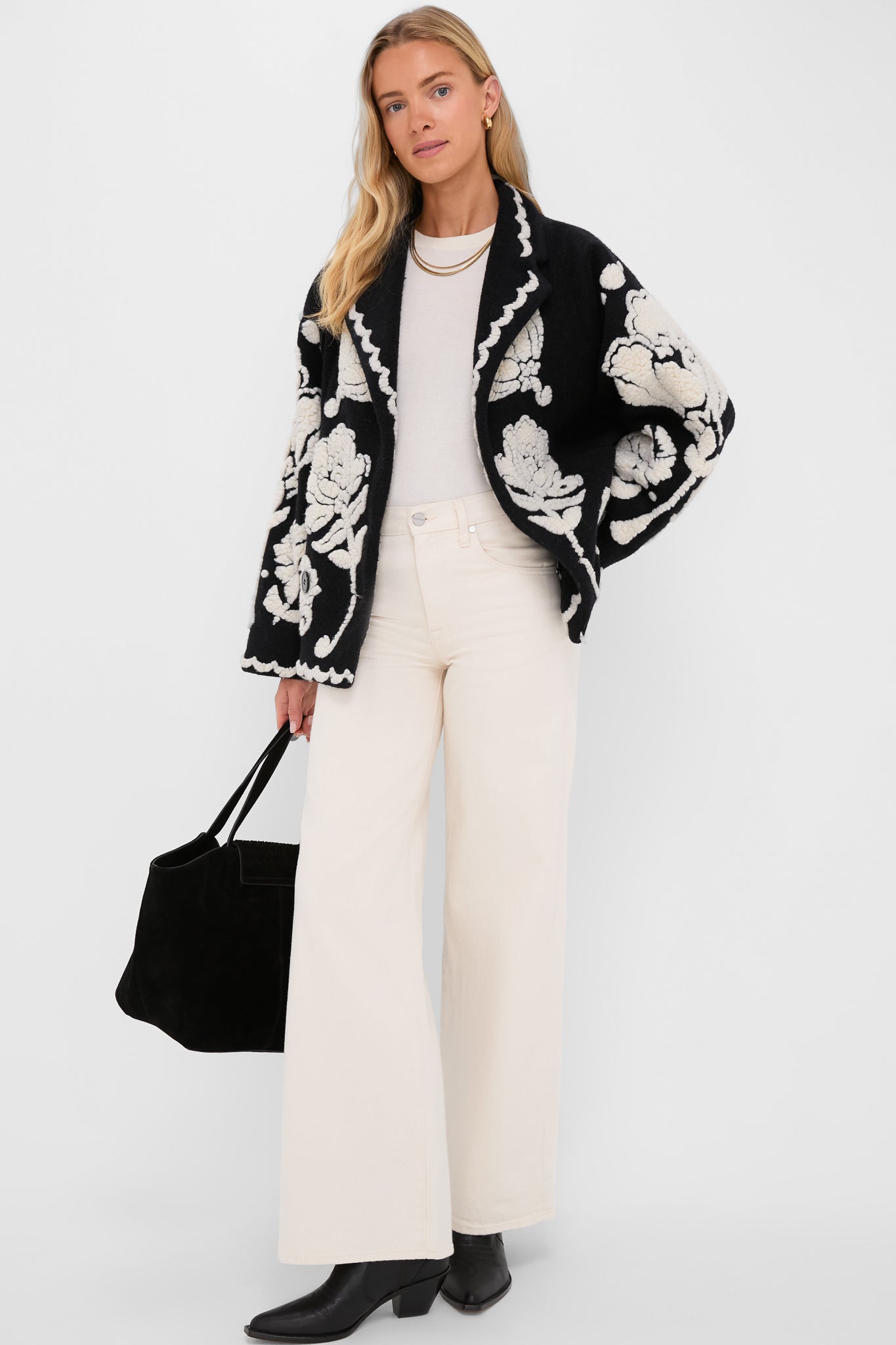 Black Cream Floral Arabesque Fleece Coat