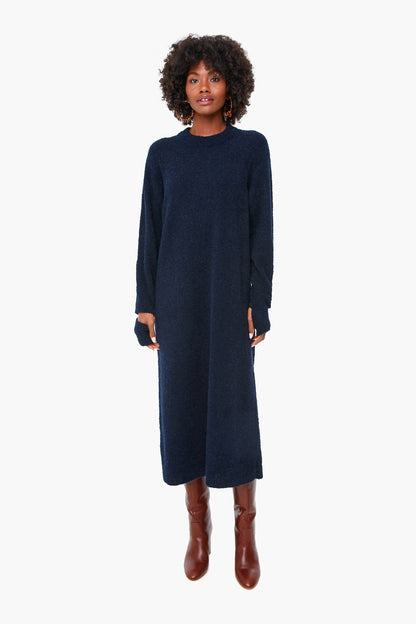 Dark Navy Boucle Alpaca Slit Cuff Easy Dress