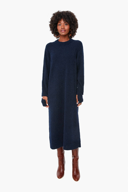 Dark Navy Boucle Alpaca Slit Cuff Easy Dress