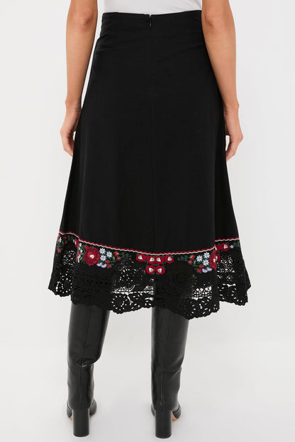 Black Rosaline Embroidery Midi Skirt