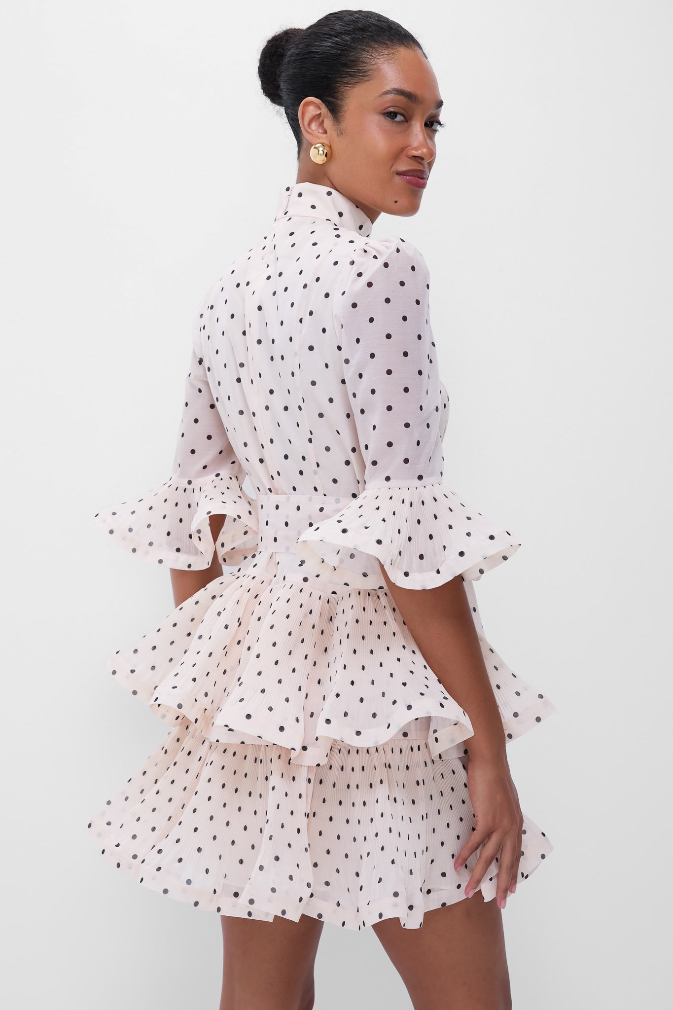 Cream and Black Polka Dot Pleated Sleeved Mini Dress