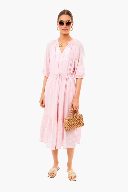 Pink Embroidered Floral Tie Waist Midi Dress