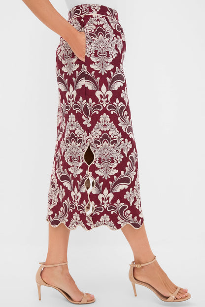 Blush Pink and Burgundy Bicolor Jacquard Waves Midi Skirt