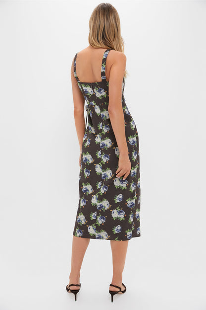 Brown & Blue Floral Wrap Tasha Midi Dress