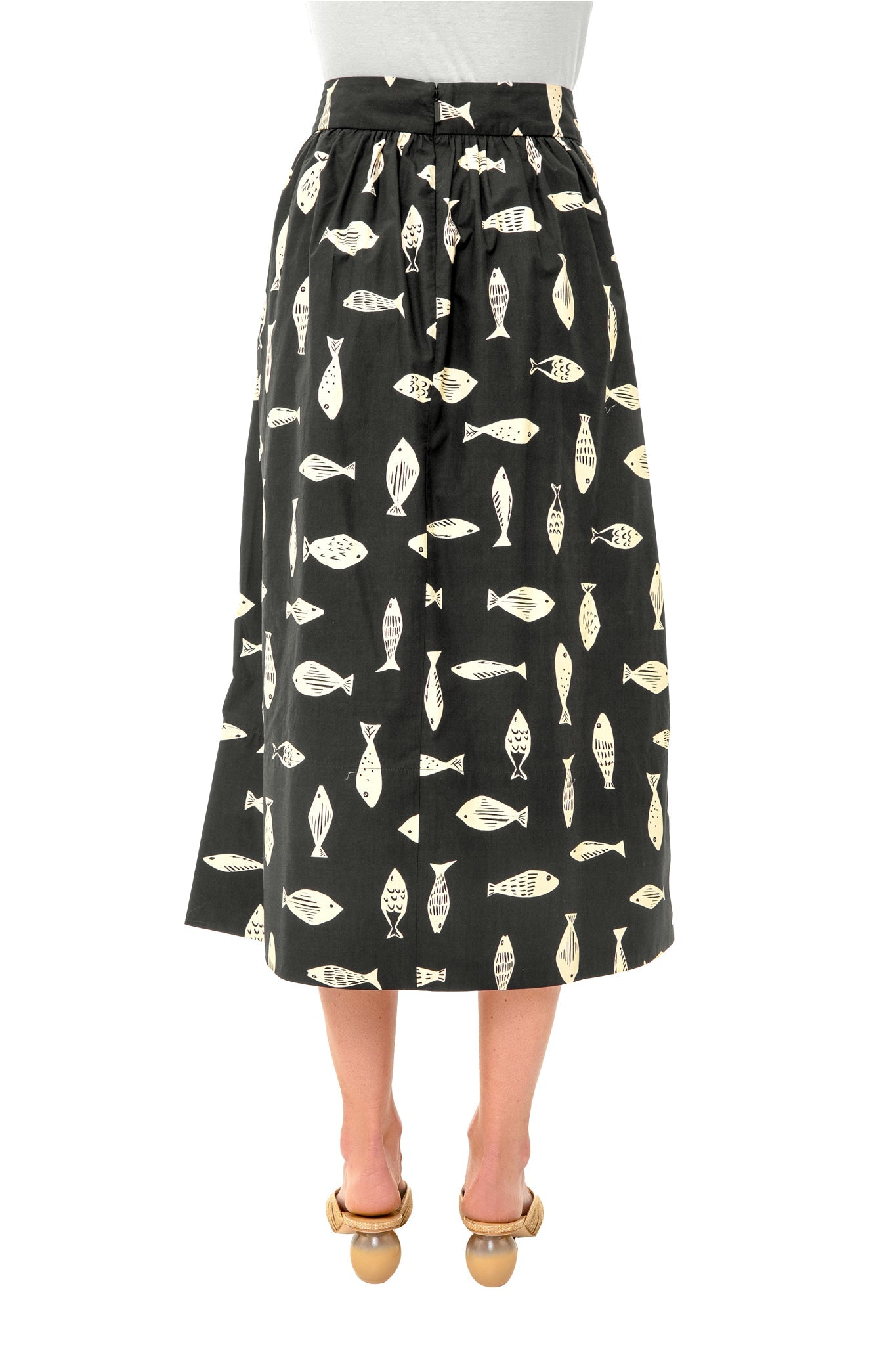 Poisson Print Smocking Waistband Full Skirt