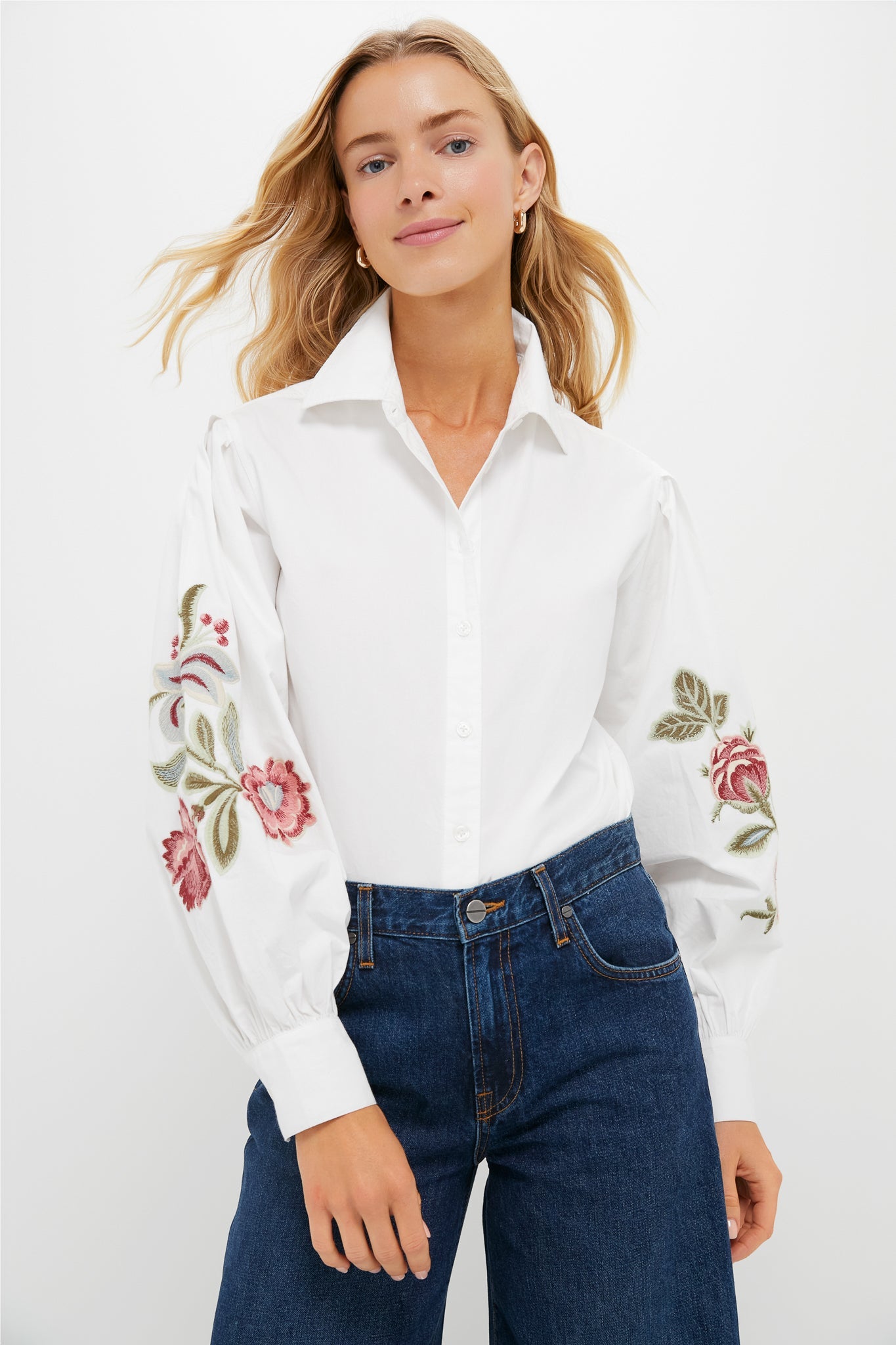 White Floral Embroidered Carolina Button Down