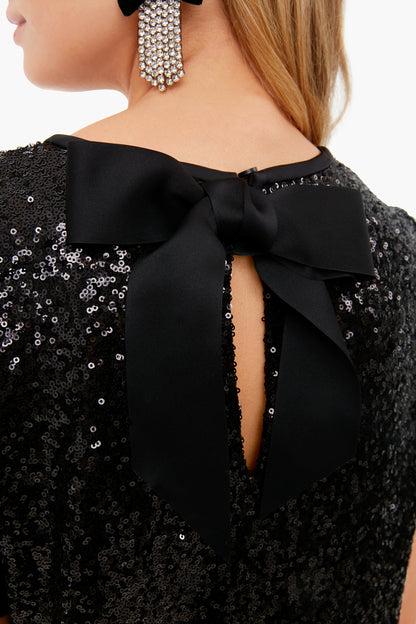 Black Sequin Bow Back Top