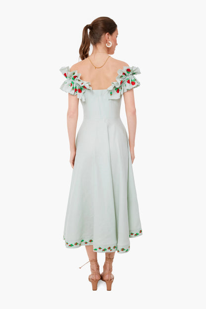 Mint Alanya Linen Off The Shoulder Embroidered Midi Dress