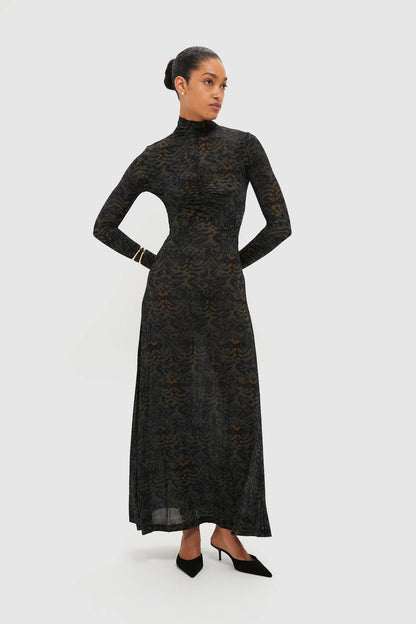 Desert Jasper Koa Jersey Ruched Front Turtleneck Dress