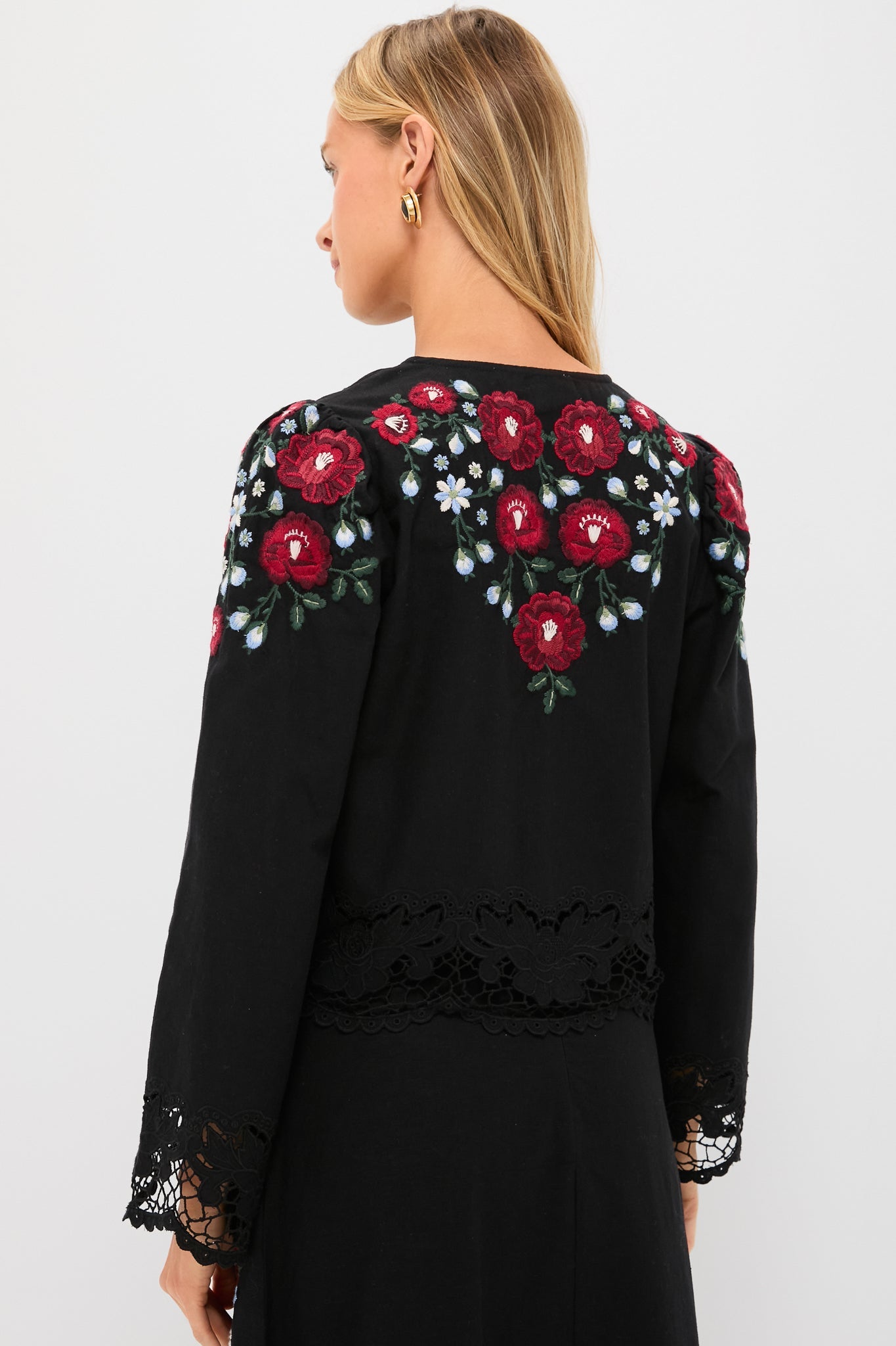 Black Rosaline Embroidery Long Sleeve Button Up Top