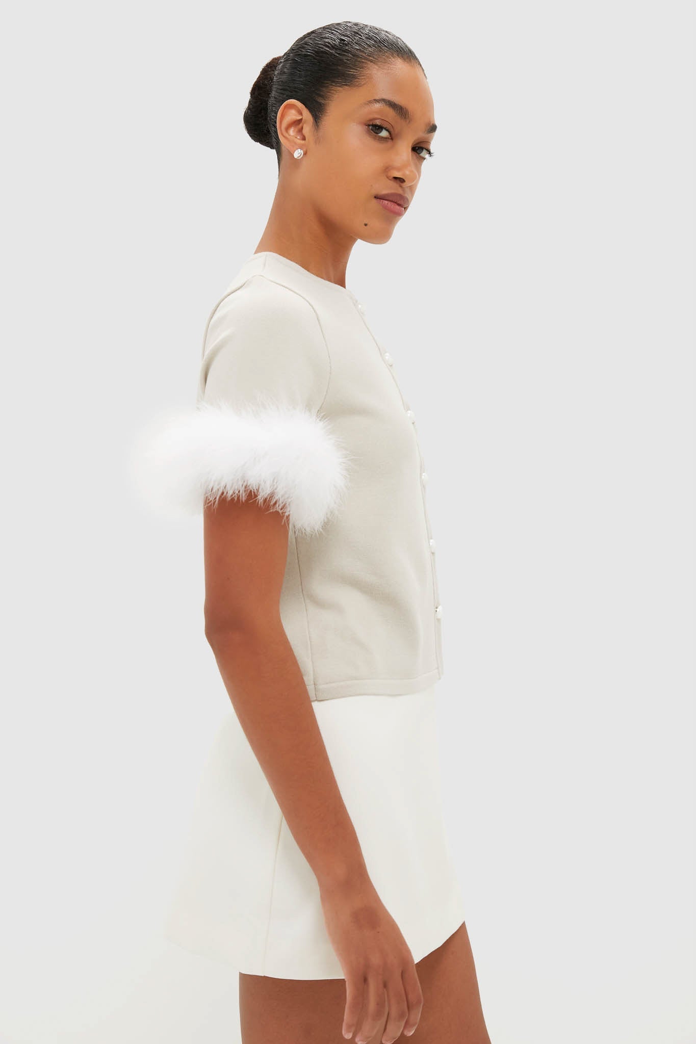 Beige Miss Kitty Short Sleeve Cardigan with Detachable Feathers