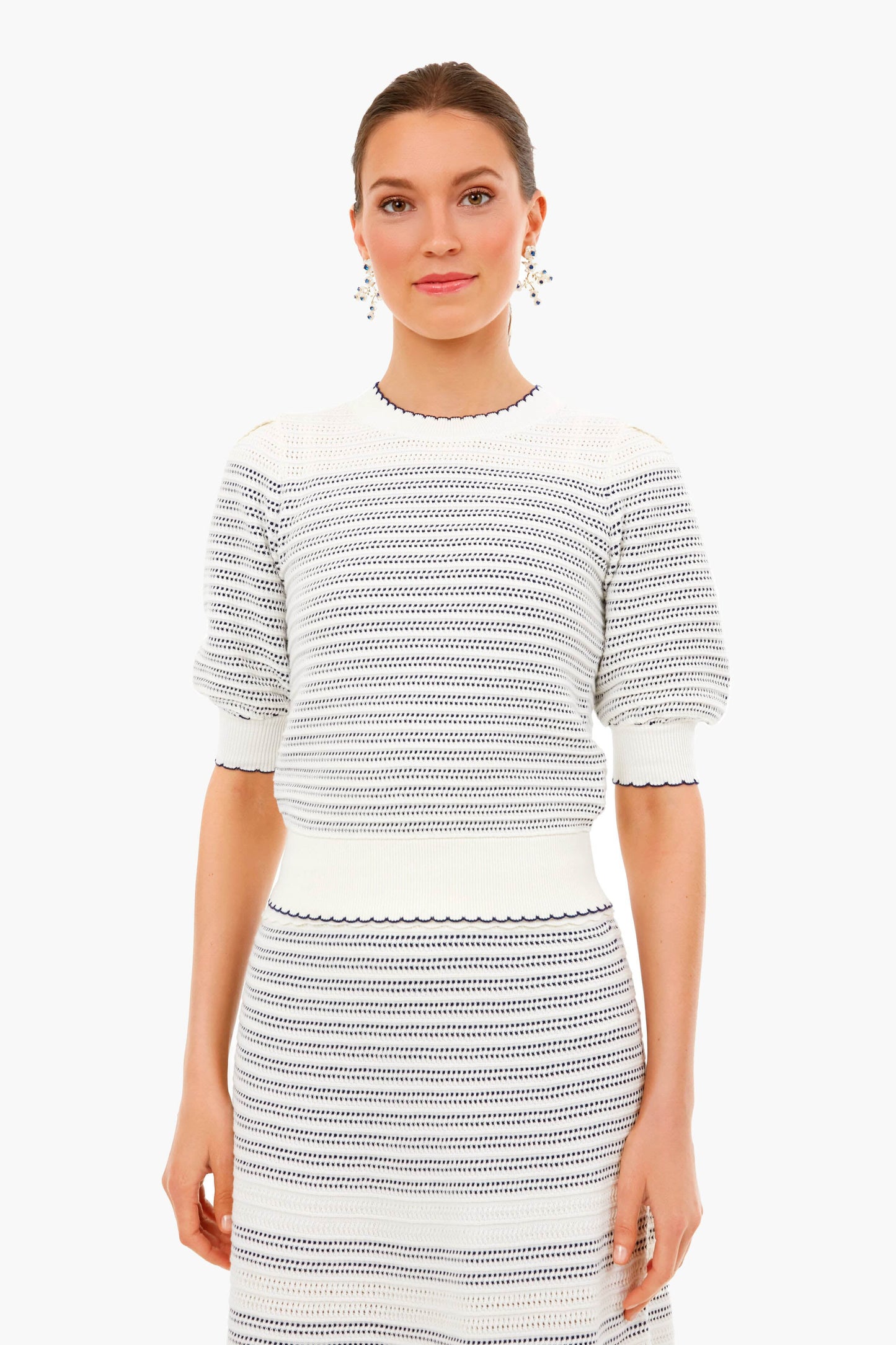 French Cream Striped Scallop Sweater