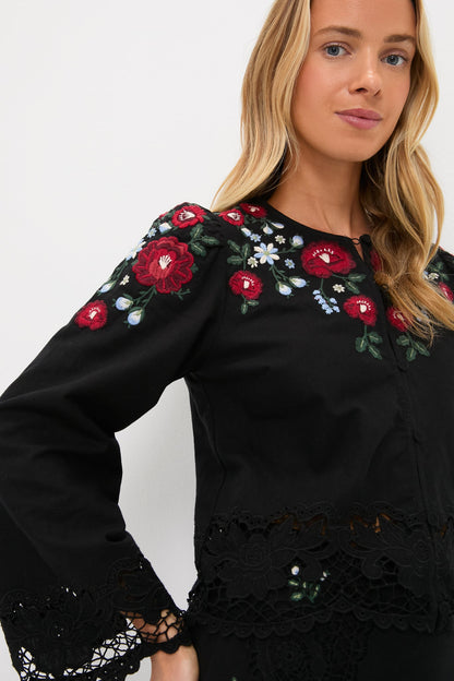 Black Rosaline Embroidery Long Sleeve Button Up Top