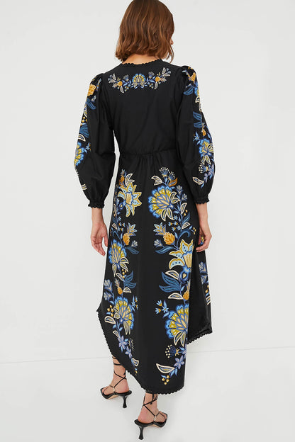 Stitched Garden Black Midi Dress