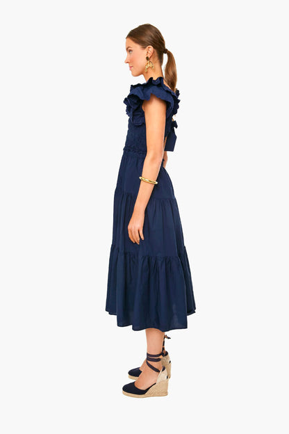 Navy Heidi Heart Quilted Flutter Sleeve Smocked Dress