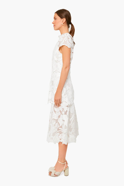White Laura Guipure Lace Cap Sleeve Midi Dress