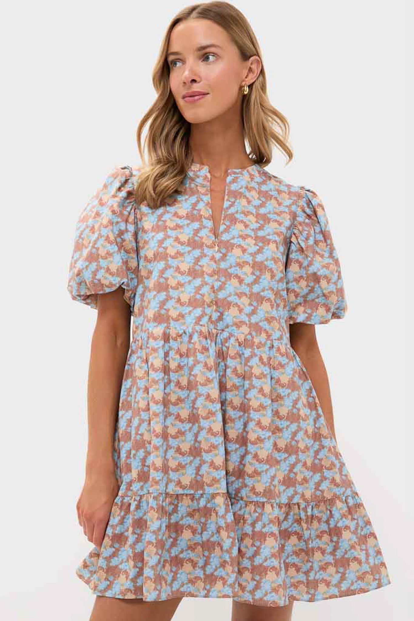 Brown & Powder Blue Floral Zip Front Ellie Mini Dress