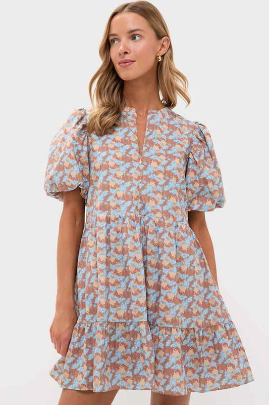 Brown & Powder Blue Floral Zip Front Ellie Mini Dress