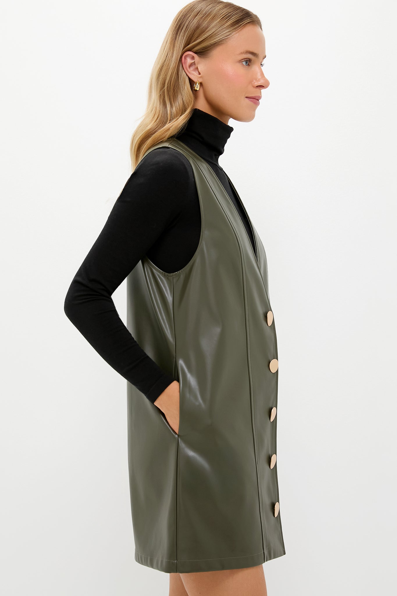 Olive Faux Leather Pinafore Dress