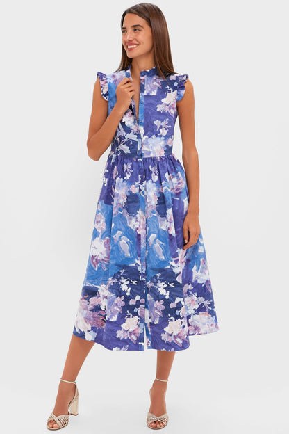 Artist Garden Pale Cobalt Sleeveless Flared Midi Dress