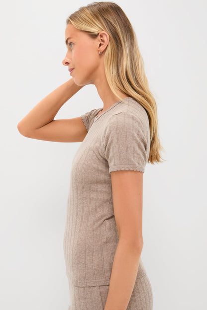 Beige Melange Pointelle Slim Fit Tee