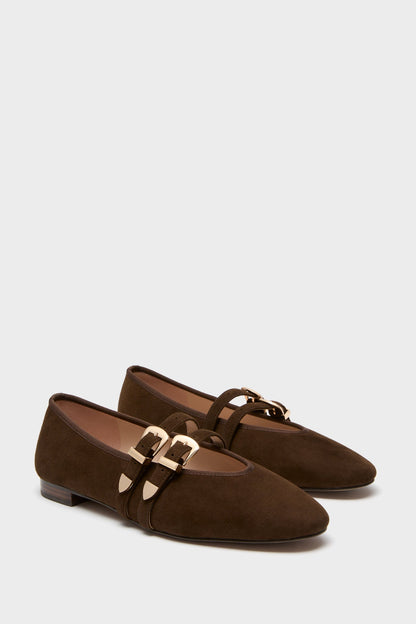 Chocolate Suede Buckle Nina Flats