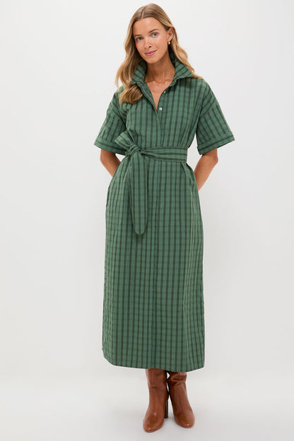 Dark Green Windowpane Seersucker Zacara Dress