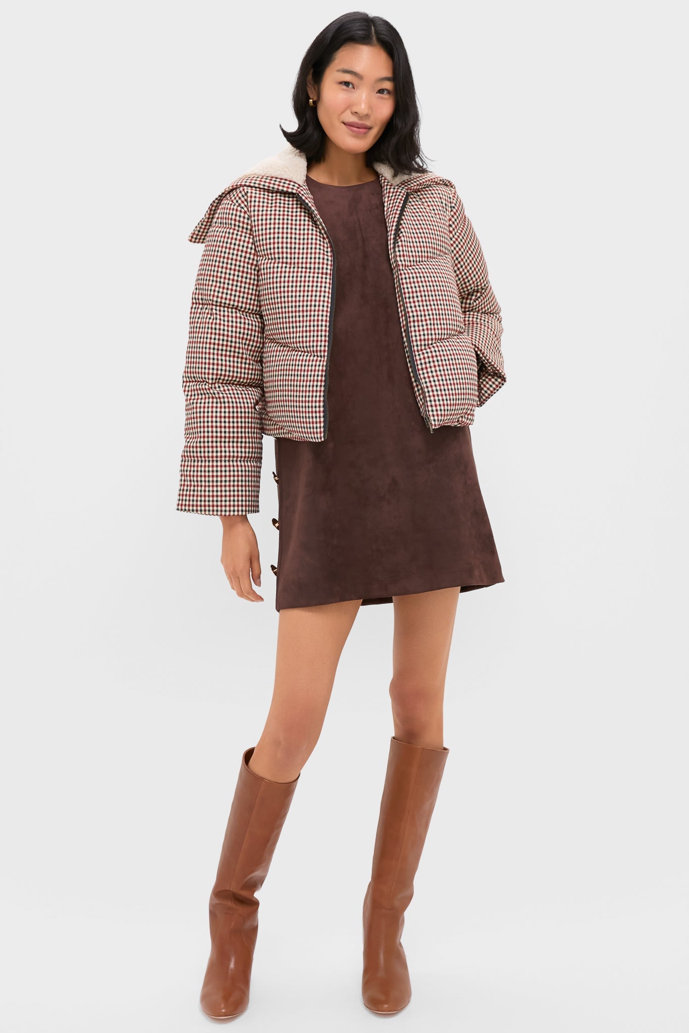 Multi Sally Gingham Puffer with Shearling Collar