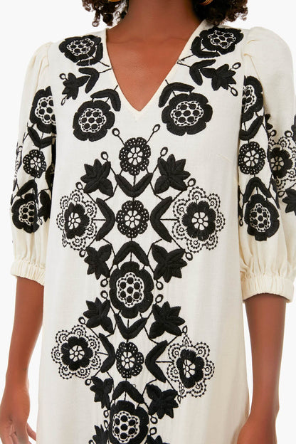 Cream Manuela Embroidered Puff Sleeve V-Neck Dress