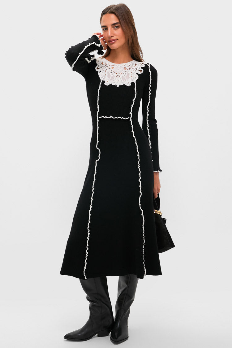 Black Vania Lace Long Sleeve Midi Knit Dress