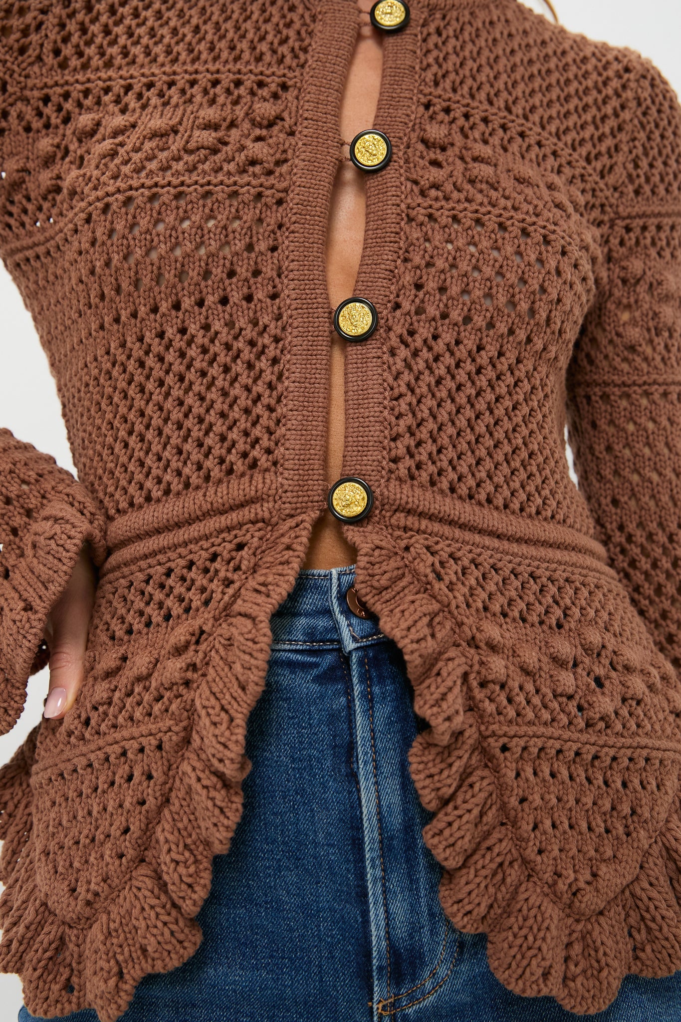 Dark Cinnamon Swirl Kiva Open Stitch Ruffle Cardi