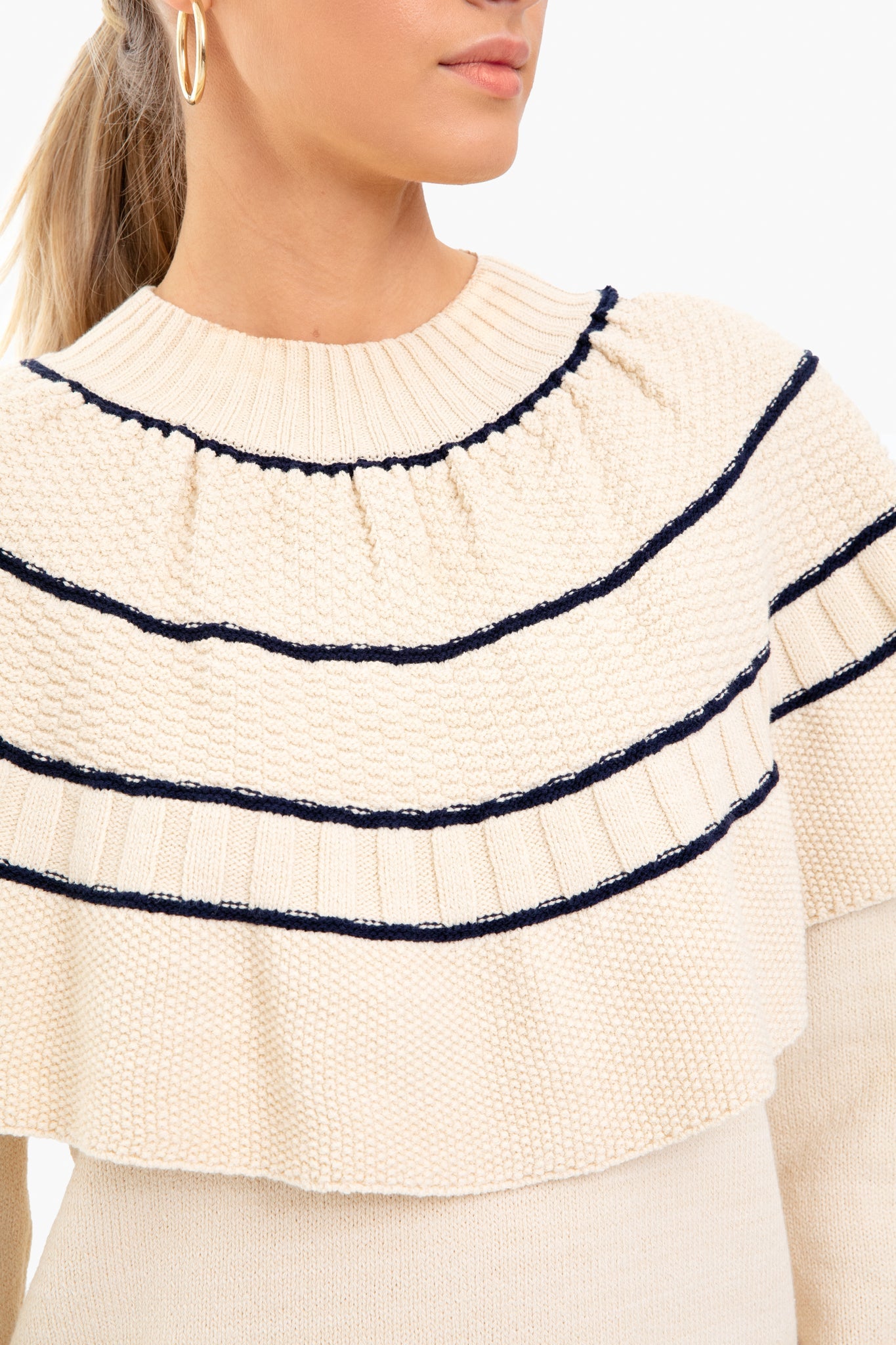 Natural and Navy Textural Stitch Capelet Sweater