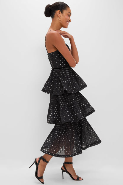 Black and Cream Polka Dot Pleated Tiered Midi Dress
